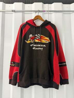 VTG Honda Racing Woody Woodpecker Hoodie Brown Red Distressed Moto Sweatshirt XL